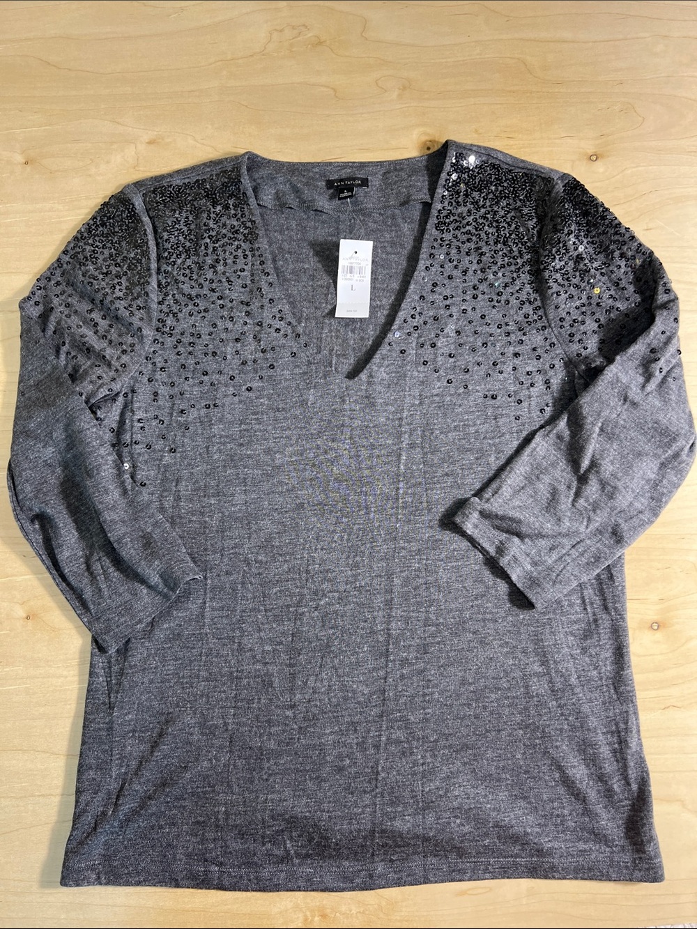 Ann Taylor Charcoal Sequin-Embellished V-Neck Top size L